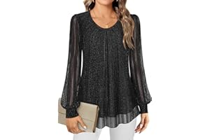 Gemulate Women's Blouses Ladies Long Sleeve Tops Chiffon Tops for Women UK Crew Neck Pleated Front Loose Fit Ladies Top Flowy Double Layered Mesh Shirts M-3XL