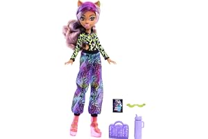 Monster High Scare-adise Island Clawdeen vargdocka med baddräkt, joggingbyxor och strandtillbehör som visir, vattenflaska och