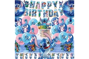 BOYIGOG Stitch Birthday Party Supplies Stitch Balloons Theme Decorations Includes Cake Topper, Tablecloth, Banner, Latex Balloons and Helium Foil Balloons for Kids