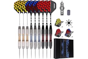 TURNART Dardos Punta de Acero 9 Piezas de 24 Gramos con 18 Ejes de Aluminio, 27 Plumas 5 Patrones, 20 Anillos de Goma, Estuche de Regalo de Dardos