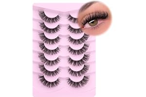 Mavphnee Natural Look Wispy D Curl False Eyelashes Cat Eye Fake Lashes Strips 7 Pairs Clear Band Fluffy False Lashes Pack