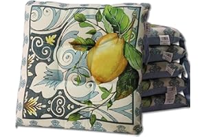 HABITA 33 HOME Cuscini Sedie Cucina Set da 6 (40x40x5cm) Cuscini, Coprisedia Cucina, Cuscini per Sedie Quadrati, Cuscino Sedia con Laccetti Decori Assortiti Trapuntati al Centro (Limone Sorrento)