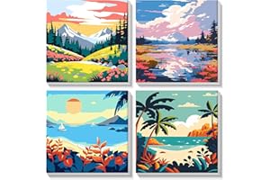 NAIMOER Framed Paint by Numbers, 4Pack Scenery Paint by Numbers Canvas for Kids Adults, Kids' Paint by Number Kits, DIY Acrylic Landscape Oil Painting with Wooden Easel & Velcro (8x8inch)