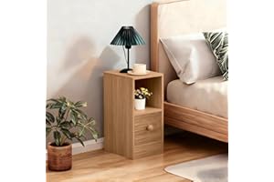 SANERY Slim Bedside Cabinet, Narrow Nightstand Side Table, Bedside Table with Drawer & Open Shelf for Bedroom, Living Room Sofa Side End Table (Walnut)