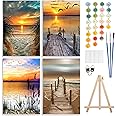 4 Pack Paint by Number Kits for Adults with Framed Canvas&Wooden Easel, DIY Adult Painting by Number Kit Oil Acrylic, Sunset Beach Painting Kit for Beginners, Arts and Crafts for Home Decor 8x12inch