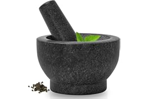 BQKOZFIN Granite Pestle and Mortar Set, Premium Solid Stone Grinder Bowl for Herbs Spice Guacamole Pepper Garlic Pesto Ginger Root, 14cm Diameter (Black)