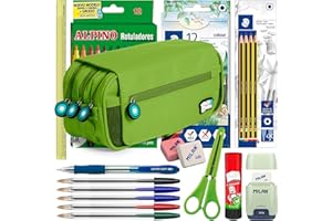 ColePack BitsBobs - Lote de Estuche Portatodo Triple con 3 Cremalleras y Material Escolar de Primeras Marcas Incluido (Verde)