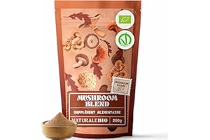 NaturaleBio Mélange de Champignons en Poudre 200g. Renforce l'énergie, la fonction cognitive, la santé intestinale et le système immunitaire. Bio, vegan, sans gluten et non-OGM. Facile à consommer.