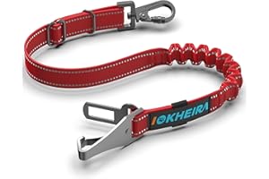 Iokheira samochodowy pas bezpieczeństwa z uprzężą dla psa, zabezpieczenie samochodowe dla zwierząt domowych mocowane w gnieździe pasów bezpieczeństwa i na drążkach mocujących z regulowaną elastyczną smyczą z odblaskowymi przeszyciami i uprzężą, obrotowy karabinek z blokadą