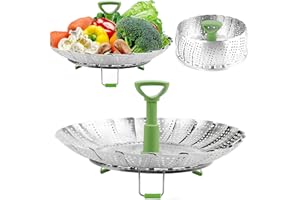 Consevisen Stainless Steel Vegetable Steamer Basket, Expandable 5.1" to 9", Folding Steamer Insert for Veggie, Fish, Seafood Cooking, Silver/Green