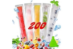 MINXIN 200 Pièces Sacs Popsicle, Moule à Glace, Sac de Nourriture pour Barres de Popsicle, avec 1 Morceau D'entonnoir Bleu Tube Glace à L'eau Moule Glace, Sacs Jetables Pochettes, (28 x 5,5 cm)
