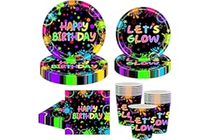 MORAINJAY 68 Stück Neon Glow Partygeschirr für 16 Gäste, Deko Geburtstag Geschirr Schwarzlicht, Leuchtende Partyteller Kindergeburtstag, Neon Glow Schwarzlicht Pappteller Pappbecher Servietten