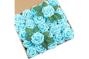 DuHouse 25 rose artificiali con steli fiori di rosa in schiuma per bouquet di nozze fai da te baby shower centrotavola decorazione casa