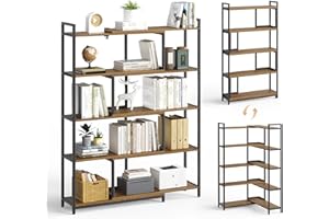 Mondeer Regał narożny na książki, 5 poziomów, regulowana szerokość w zakresie od 80 do 146 cm, styl przemysłowy, do salonu, domu, biura, gabinetu, sypialni, kuchni, na balkon, rustykalny brązowy