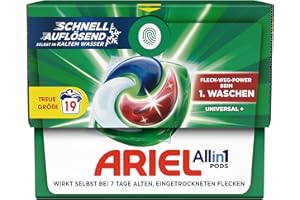 Ariel Waschmittel Pods All-in-1, Waschmittel 19 Waschladungen, Universal+, Kraftvolle Fleckenentfernung in nur 1 Waschgang