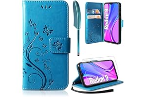 AROYI Skórzane etui kompatybilne z Xiaomi Redmi 9 i folia ochronna, etui z klapką, skóra PU, etui z przegródkami na karty, etui ochronne, kompatybilne z Xiaomi Redmi 9