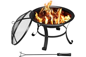Abician Brasero Exterieur pour Jardin, Chauffage Foyer Poêle en Fer avec Poker Gril Couvercle Brasero Exterieur Terrasse BBQ 54 x 54 x 50cm Noir