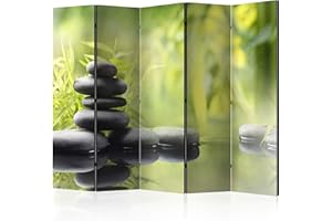 ‎DECOMONKEY decomonkey Paravent Raumteiler Innen Spa Zen 225x172 cm 5 Teilig Einseitig Room Divider Wall Raumteiler Stehend Trennwand Sichtschutz Spanische Wand Sichtschutzwand Wohnzimmer Holz Pflanzen Stein