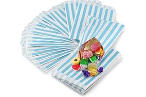 Light Blue Paper Sweet Bags 5 x 7” | REALUS 100pk Small Empty Sweets Bag | MADE IN BRITAIN | Retro Candy Stripe Sweetie Bags – Perfect for Kids Party, Pic n Mix Shop, Wedding Favours, Popcorn