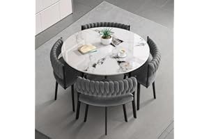 VTELGT Marble Dining Table and Chairs Set 4, 5 Piece Modern Dining Table Set, Rock Slab Tabletop with 4 Weave Velvet Chairs for Space Saving,Round Grey