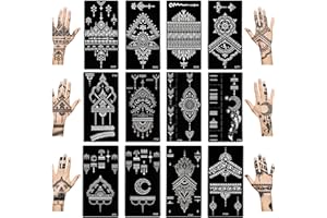 KUNOLI 12 fogli Kit di stencil temporanei per tatuaggi all'henné per le mani