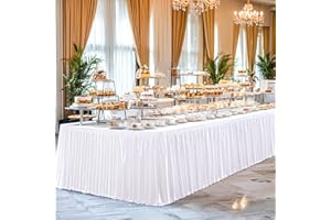 Wish Care 21ft Glitter White Table Skirt for Rectangle Tables Polyester Wrinkle Free Long Desk Skirts Pleated Ruffle Table Cloths for Wedding Birthday Party Buffet Cake Table Decorations