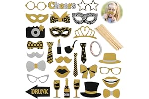 FL HUA Photo Booth Props, 30 PCS Black and Gold Party Decorations for Adults and Kids, Funny Photo Props for Christmas New Years Eve Decorations Barbecue Party Birthday Wedding
