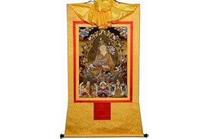 Gandhanra Tibetan Buddhist Thangka Wall Hanging,Guru Rinpoche Thangka,Santaraksita,Trisong Detsen,Hot Stamped Brocade Buddhist Tapestry for Home Decor, Meditation, Spiritual Relaxation