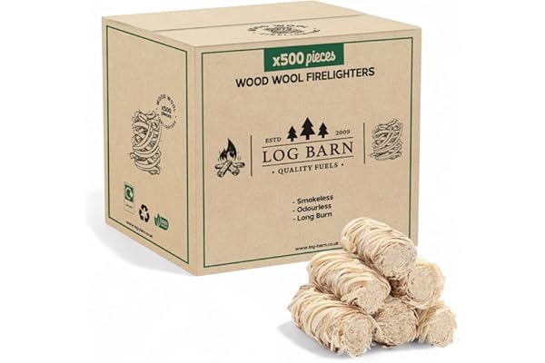 Log Barn Encendedores Naturales - Caja de 500, Pastillas de Encendido para Barbacoa, Estufas de Leña, Hornos de Pizza, Chimeneas, Lana de Madera para Encender Fuego - Auténtica Leña Log Barn