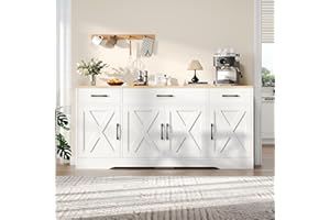 Wiuzo Cómoda moderna blanca, aparador con 3 cajones y 4 puertas, 160 x 37 x 75 cm, armario multifunción de madera, para salón, comedor, aparador blanco con decoración