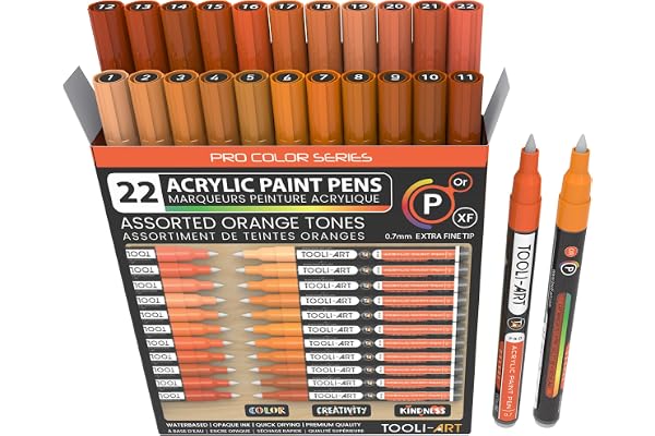 Lot de 22 marqueurs de peinture acrylique non toxique, à base d’eau et à séchage rapide, pointe extra-fine 0,7 mm, pour galet, verre, tasses, bois, métal, toile - Tons orange