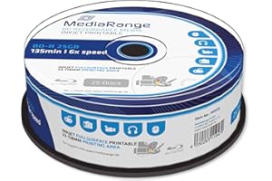 MediaRange BD-R - Confezione da 25 cacebox da 25 GB a 6 velocità di Scrittura, stampabili su Tutta la Superficie (Stampante a Getto d'inchiostro)