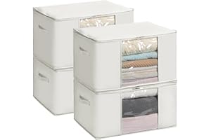 TYEERS Bolsas de Almacenaje de Tela Mezclada con Algodón, con Cremallera y Ventana Transparente, Organizador Armario para Ropa de Temporada y Ropa de Cama, 60x40x35 cm, Paquete de 4, Beige