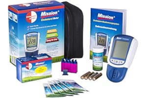 Swiss Point Of Care Mission 3in1 Starter Pack | Set con 1 misuratore di colesterolo missione, 5 strisce di prova colesterolo, 5 tubi capillari, 5 puntatori | Misurazione del colesterolo facile a casa