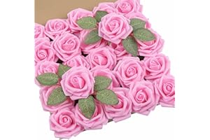 DuHouse 25 rose artificiali fiori di rose finte con gambi veri fiori in schiuma al tatto, per bouquet di nozze, baby shower, centrotavola per decorazioni floreali per feste e feste (rosa)