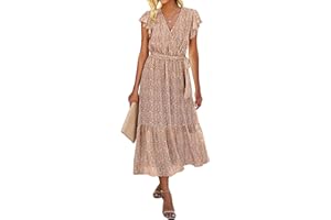 SEVETAT Damen Chiffon Boho Lange Kleid mit Gürtel 2025 Sommerkleid Partykleid Elegant V-Ausschnitt Maxikleid Blumenkleid Abendkleid Rüschen Strandkleid Cocktailkleid