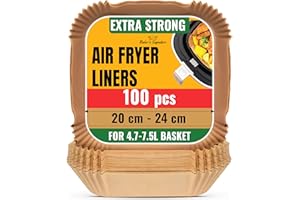 Air Fryer Liners - 100 Pcs Square Air Fryer Paper Liner - 20-24cm (8-9.5 in) Greaseproof Sheets for 5.5-9 L Baskets, Oven, Pans - Kitchen Air Fryer Accessories, Easy Cleanup by Baker's Signature