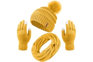 Aneco Damen Winter Warme Sets Strickpelz Pompom Beanie Hut Kreis Loop Schal Touchscreen Handschuhe Winter Gunst Zubehör