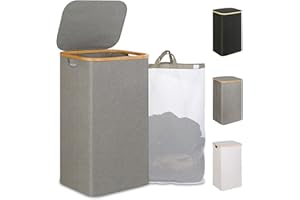 iEGrow Wäschekorb mit Deckel 110L, XL-Extra großer Wäschesammler mit Herausnehmbarer und Waschbarer Innentasche, Wäschekörbe für Waschküche, Schlafzimmer, Badezimmer (Grau)