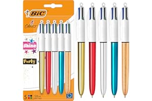 BIC 4 Colores Shine y Party Bolígrafo Retráctil de Punta Media (1,0 mm) en Plateado, Dorado, Rojo, Azul y Dorado con Efecto Congelado Metalizados - Pack de 5