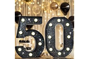 VIMLITS 8.8" Decorative LED Light Up Numbers, Glitter Marquee Numbers Lights for 50th Birthday Decorations, Shiny Lighted Number Sign for Birthday Party Wedding Anniversary Home Decor, Glitter Black 50