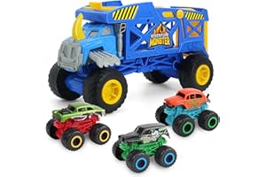 KARMOUNT Monster Trucks Monster Mover Rhino Transportador de autos de juguete, transportador monstruo con 3 mini camiones monstruo, súper lauch, regalo para niños de 3 años en adelante
