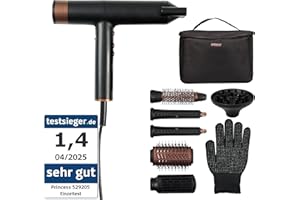 ‎PRINCESS Princess Airstyler Pro, 7-in-1 Stylingtool, 3 Heiz- & Geschwindigkeitsstufen, Ionenfunktion, Coolshot, 1,8m Kabel, Reisetasche, 7 Aufsätze, Hitzeschutzhandschuh, BLDC-Motor, 2000 W, 01.529205.01.001