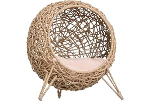 PawHut Panier Chat lit surélevé Chat Cosy Niche Grotte Grand Confort dim. Ø 52 x 58H cm Coussin Moelleux Inclus résine tressée Imitation rotin Beige