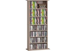 HOMCOM Estantería para CDs y DVDs Soportes para CD Estrechos con 8 Compartimentos Estantes Ajustables para Salón Oficina 58x24x126,3 cm Madera Natural