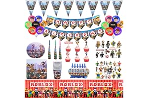 PiliStar Roblox Geburtstagsdekoration, 95PCS Partygeschirr inklusive Roblox Banner, Wimpel, Tischdecke, Teller, Geburtstagsdekoration für Jungen und Kinder
