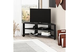 HOCUS PICUS Corner TV Unit with 2 Open Shelves, Rounded-edge Modern Design, TV Stand 32" TVs, Compact TV Media Console for Living Room & Office, Easy Assembly (Black)