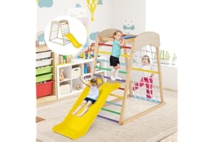 GOPLUS 4 en 1 Triangle d’Escalade Montessori, Triangle Escalade avec Toboggan et Filet d’Escalade Aire de Jeux Montesorri, Charge 50KG pour Enfants 1 an+ (Multicolore)