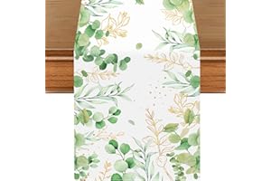 VSPEK Green Eucalyptus Leaves Table Runner, Seasonal Linen Table Decor Farmhouse Decor Floral Leaves Spring Table Runner for Kitchen Dining, Weddings Holiday Decor, Home Party Decoration, 13×70inches