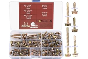 BNNRJIA Hex Head Self Tapping Screws, 100pcs Self Drilling Sheet Metal Tek Screws with Washer Assortment Kit, Hex Washer Head Screws for Sheet Metal/Wood/Plastic - M4.2x(16mm/19mm/30mm/36mm45mm)